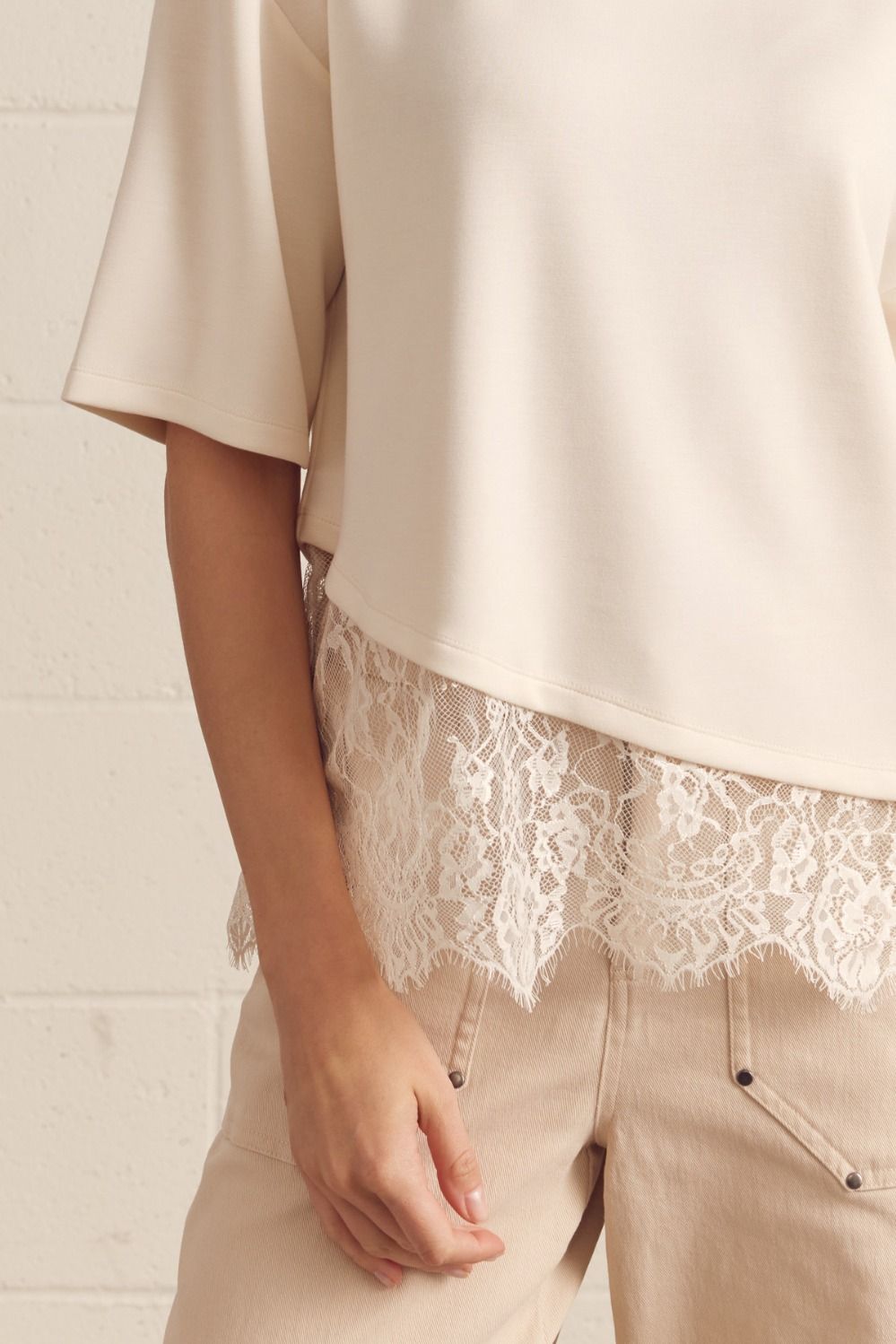 Paloma Oversized Short Sleeve Tee Asymmetrical Lace Trim - Ecru