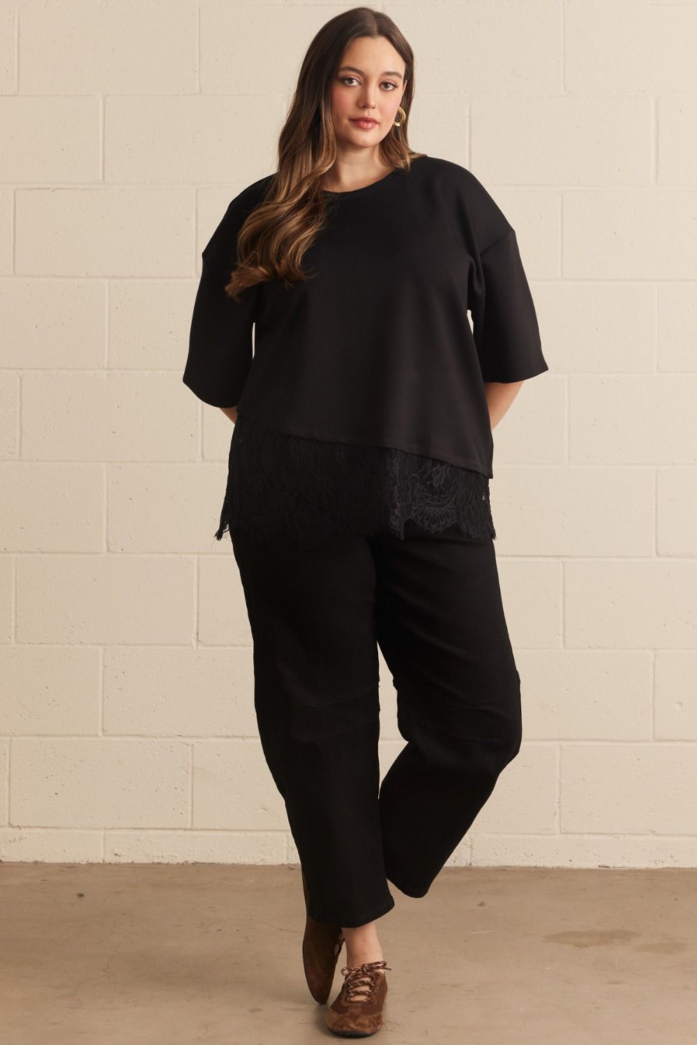 Paloma Curve Oversized Short Sleeve Tee Asymmetrical Lace Trim - Black
