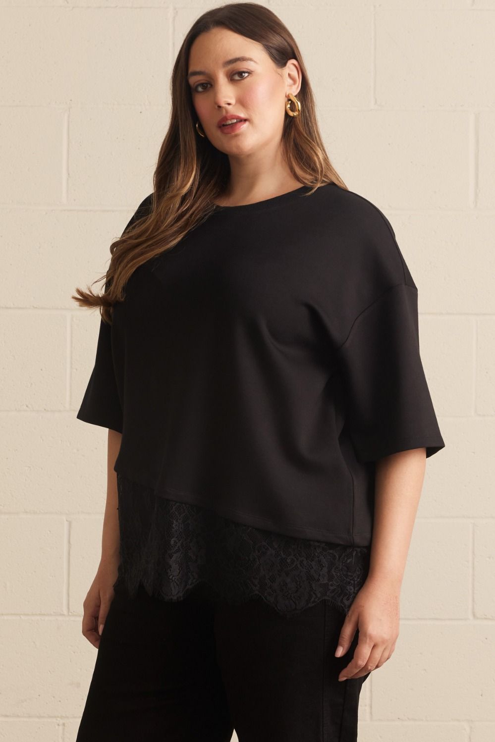 Paloma Curve Oversized Short Sleeve Tee Asymmetrical Lace Trim - Black
