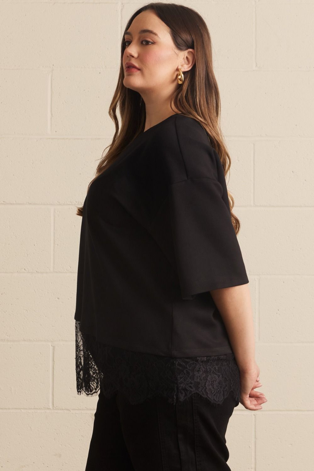 Paloma Curve Oversized Short Sleeve Tee Asymmetrical Lace Trim - Black