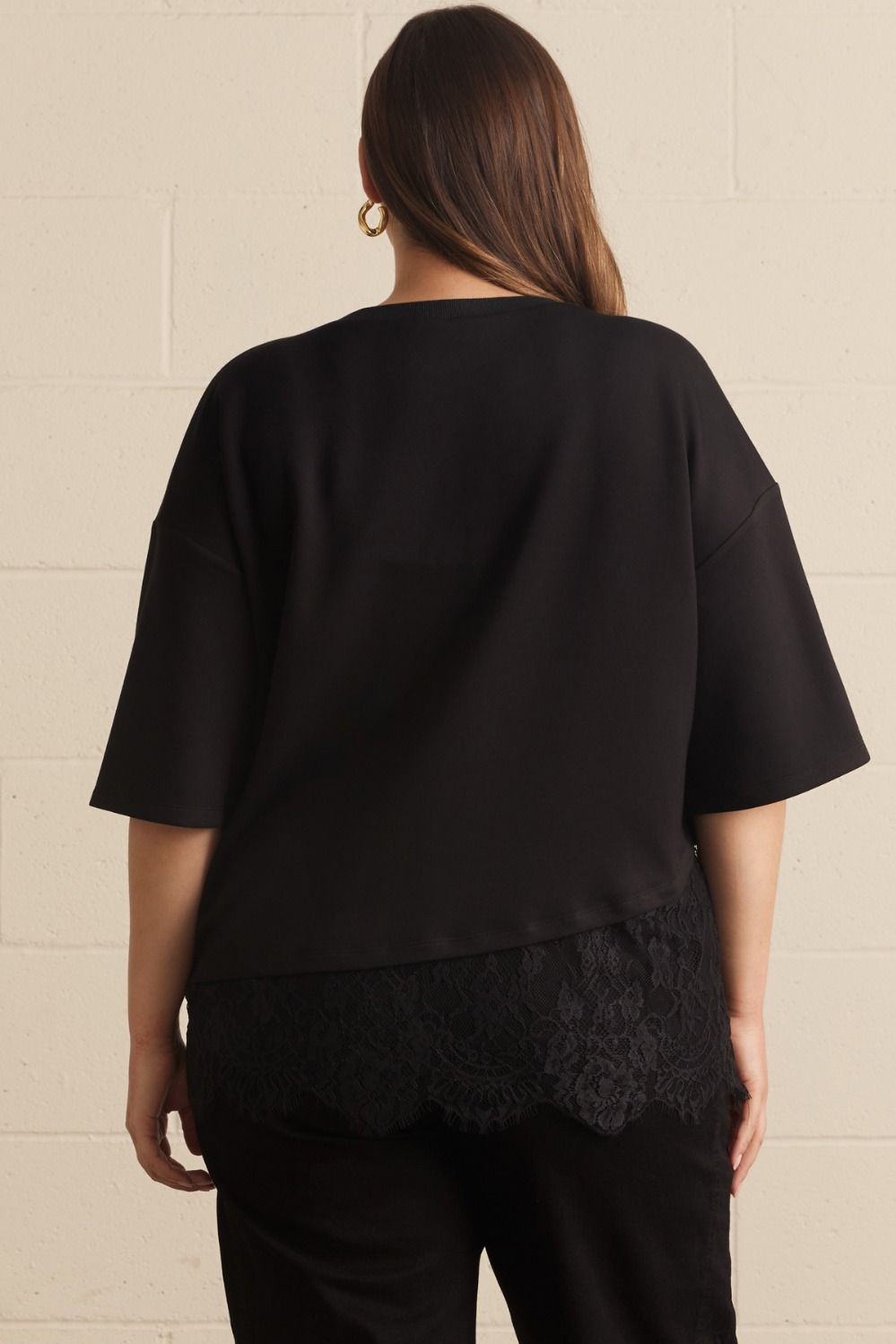 Paloma Curve Oversized Short Sleeve Tee Asymmetrical Lace Trim - Black