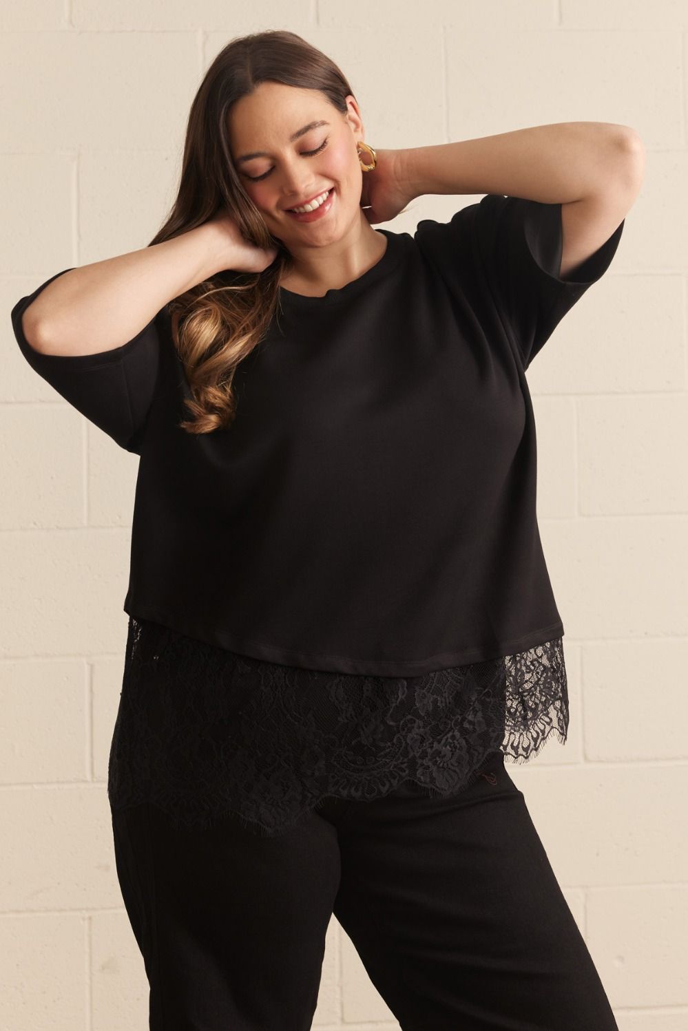 Paloma Curve Oversized Short Sleeve Tee Asymmetrical Lace Trim - Black
