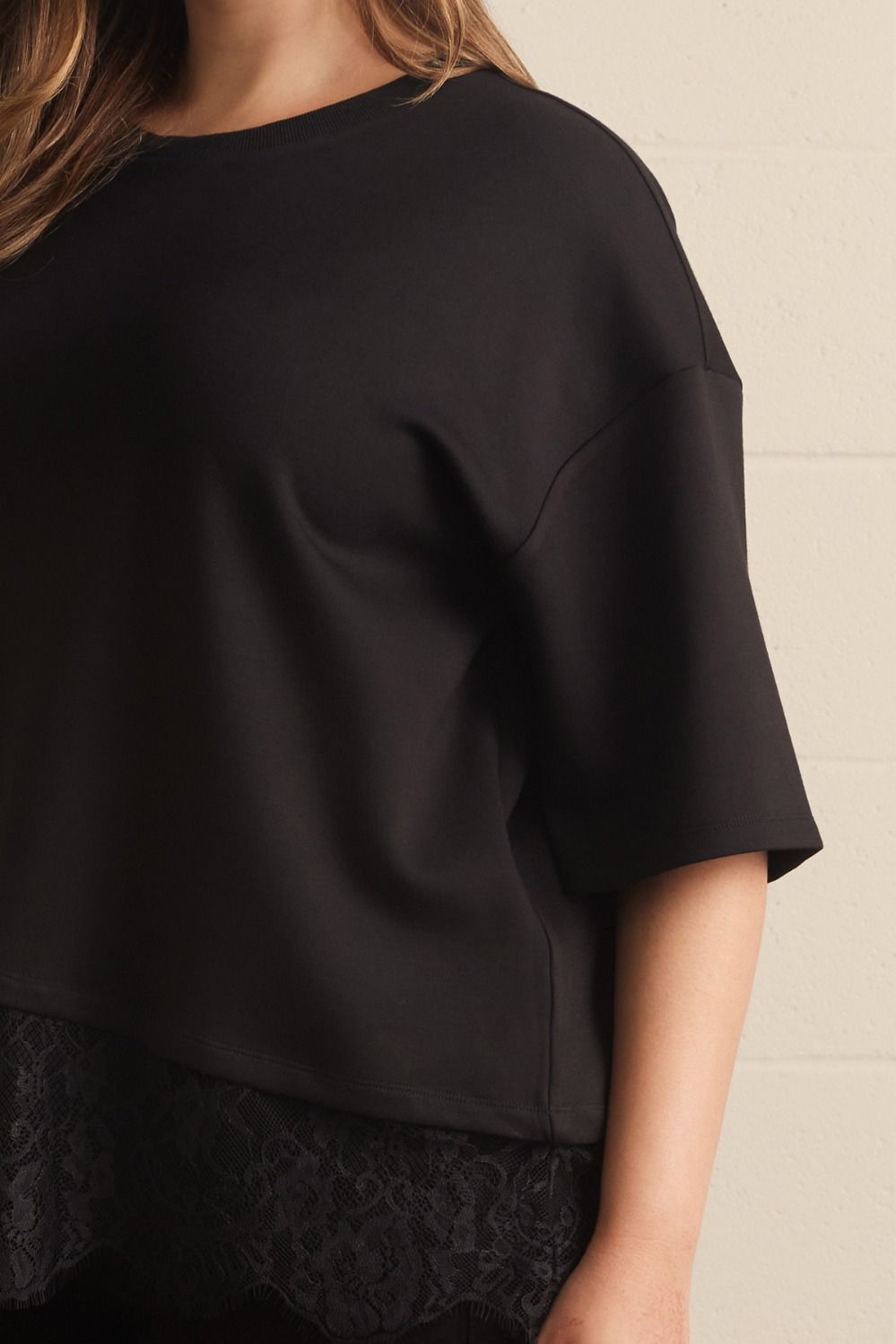 Paloma Curve Oversized Short Sleeve Tee Asymmetrical Lace Trim - Black