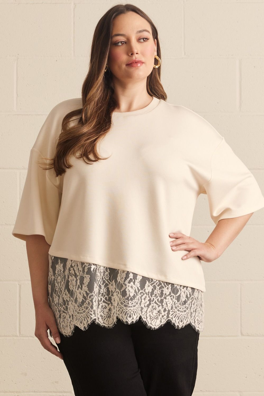 Paloma Curve Oversized Short Sleeve Tee Asymmetrical Lace Trim - Ecru