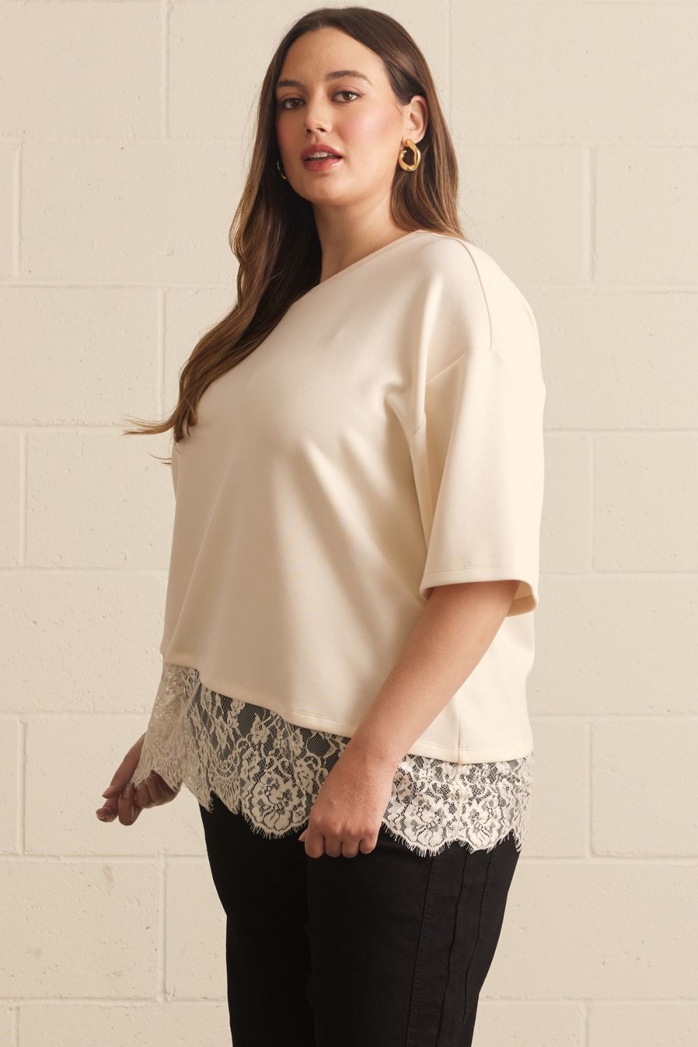 Paloma Curve Oversized Short Sleeve Tee Asymmetrical Lace Trim - Ecru