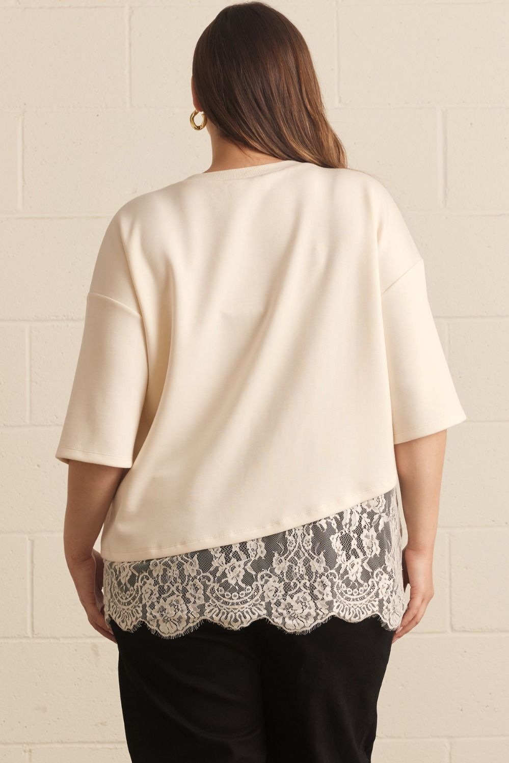 Paloma Curve Oversized Short Sleeve Tee Asymmetrical Lace Trim - Ecru