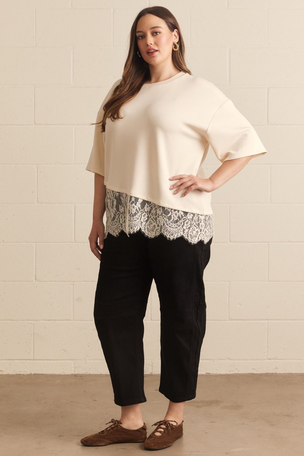Paloma Curve Oversized Short Sleeve Tee Asymmetrical Lace Trim - Ecru