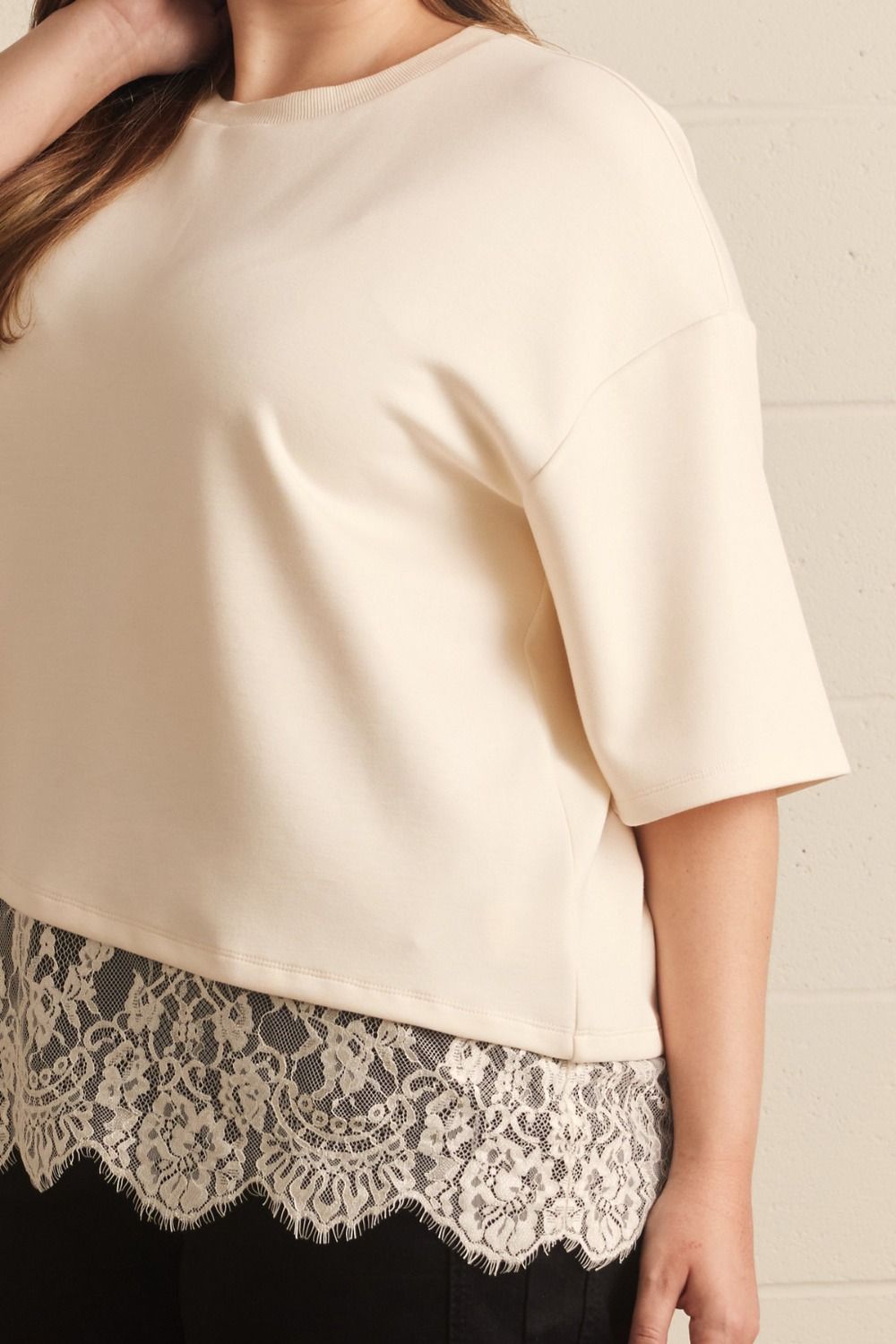 Paloma Curve Oversized Short Sleeve Tee Asymmetrical Lace Trim - Ecru