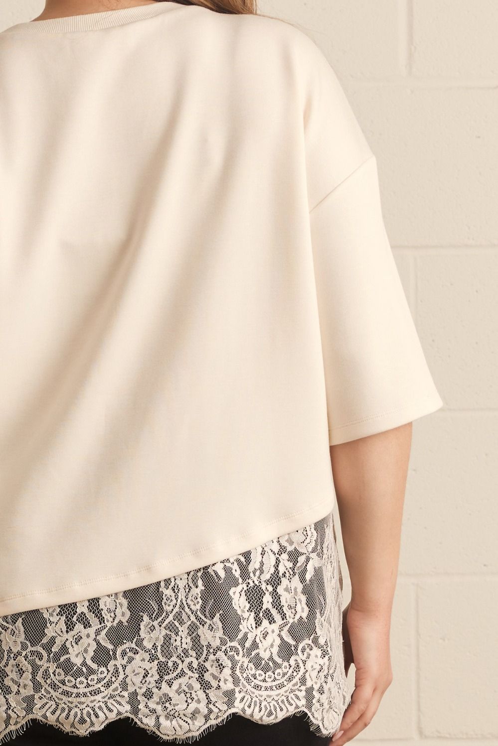Paloma Curve Oversized Short Sleeve Tee Asymmetrical Lace Trim - Ecru