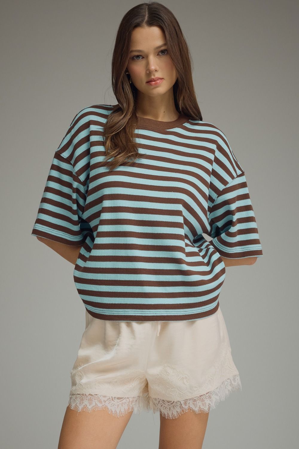 Ace Oversized Stripe Ribbed Knit Top - Brown Aqua