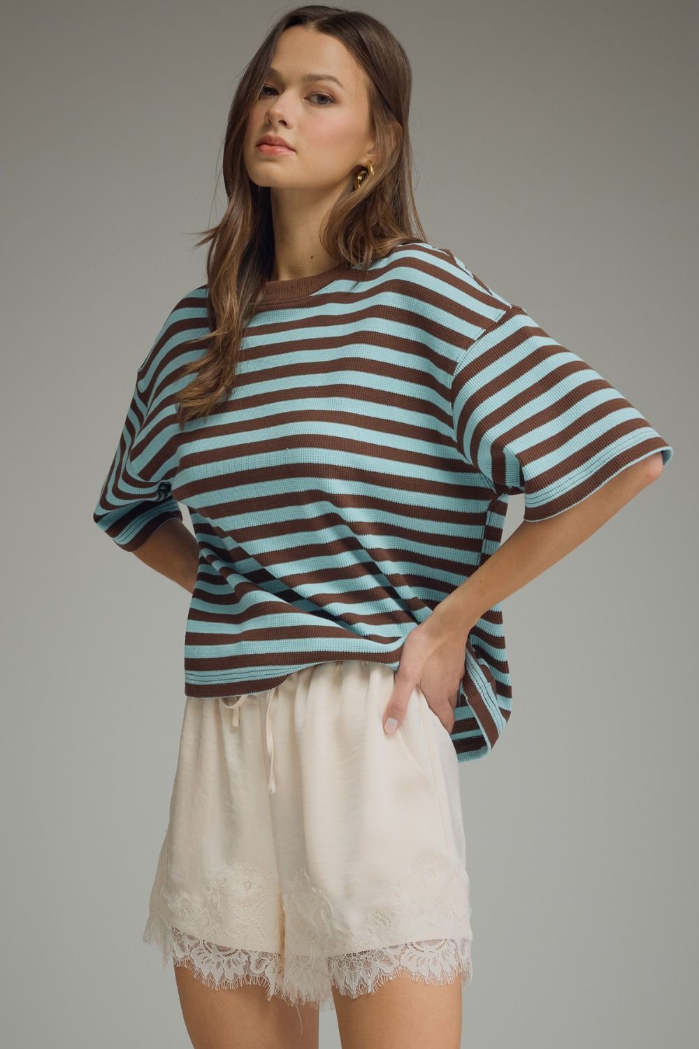 Ace Oversized Stripe Ribbed Knit Top - Brown Aqua