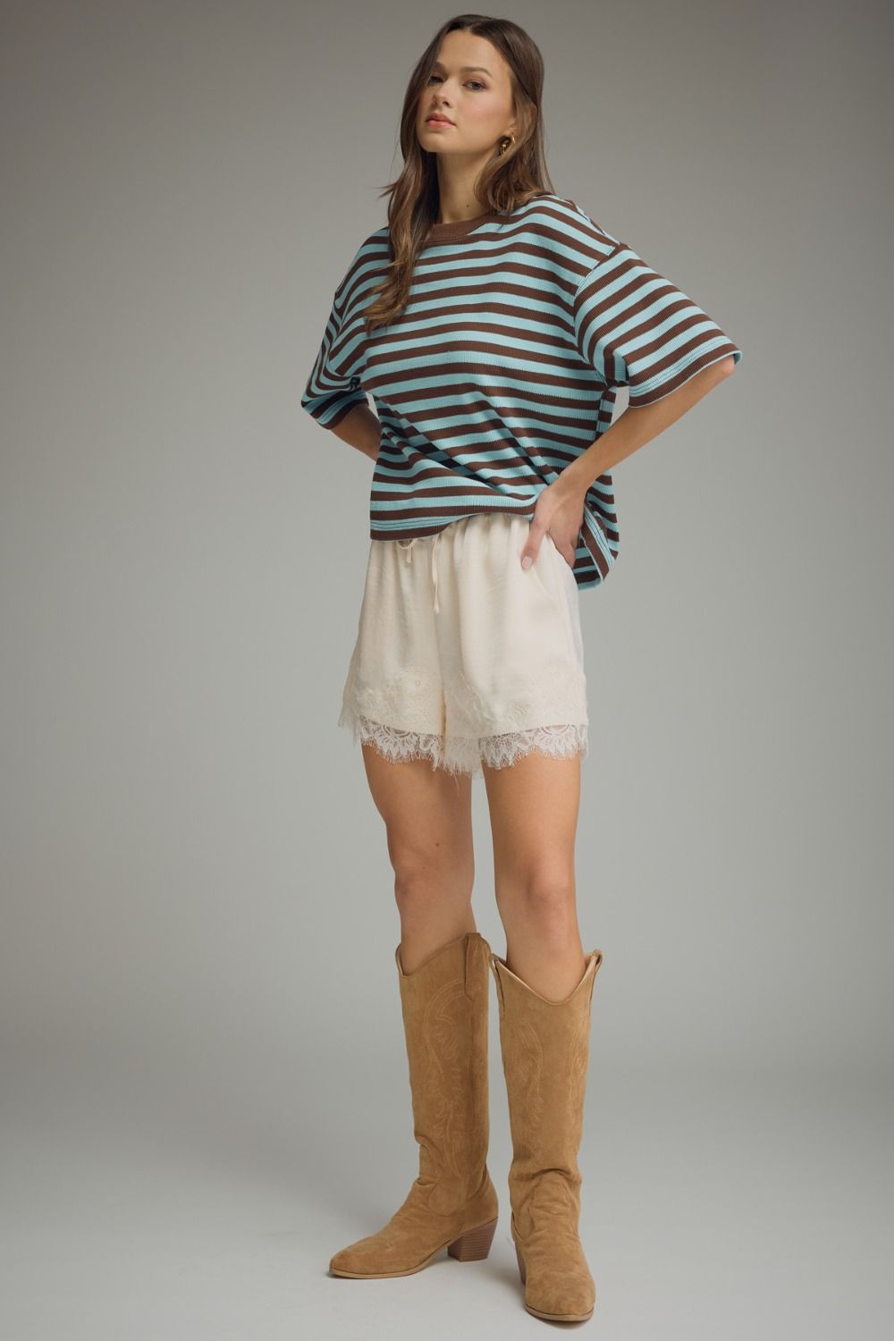 Ace Oversized Stripe Ribbed Knit Top - Brown Aqua