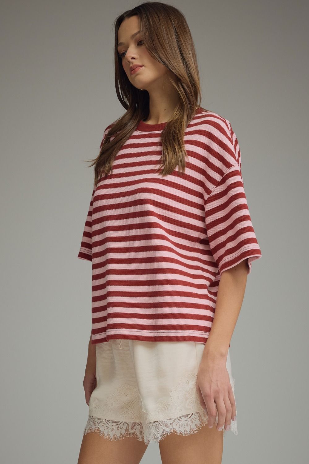 Ace Oversized Stripe Ribbed Knit Top - Burgundy Pink