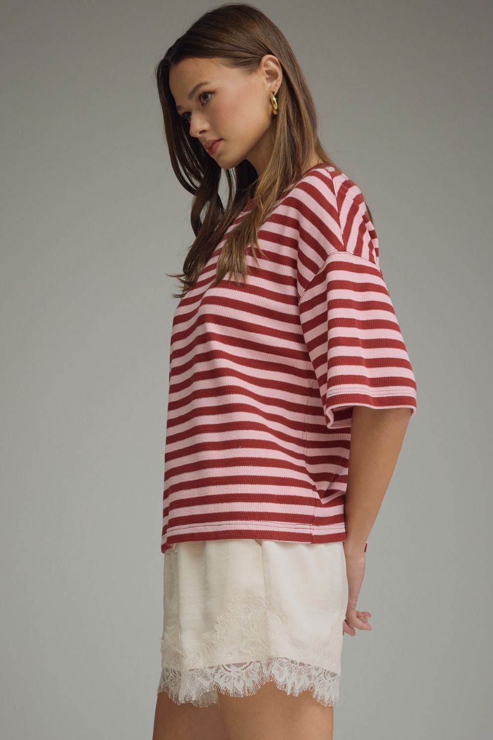 Ace Oversized Stripe Ribbed Knit Top - Burgundy Pink