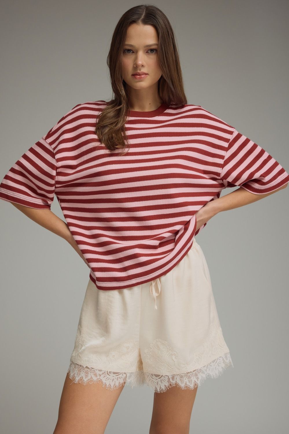 Ace Oversized Stripe Ribbed Knit Top - Burgundy Pink