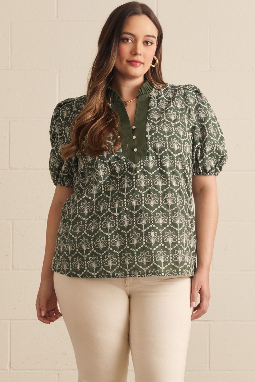 Allie Curve Embroidered Puff Sleeve Button Front Blouse - Army Green