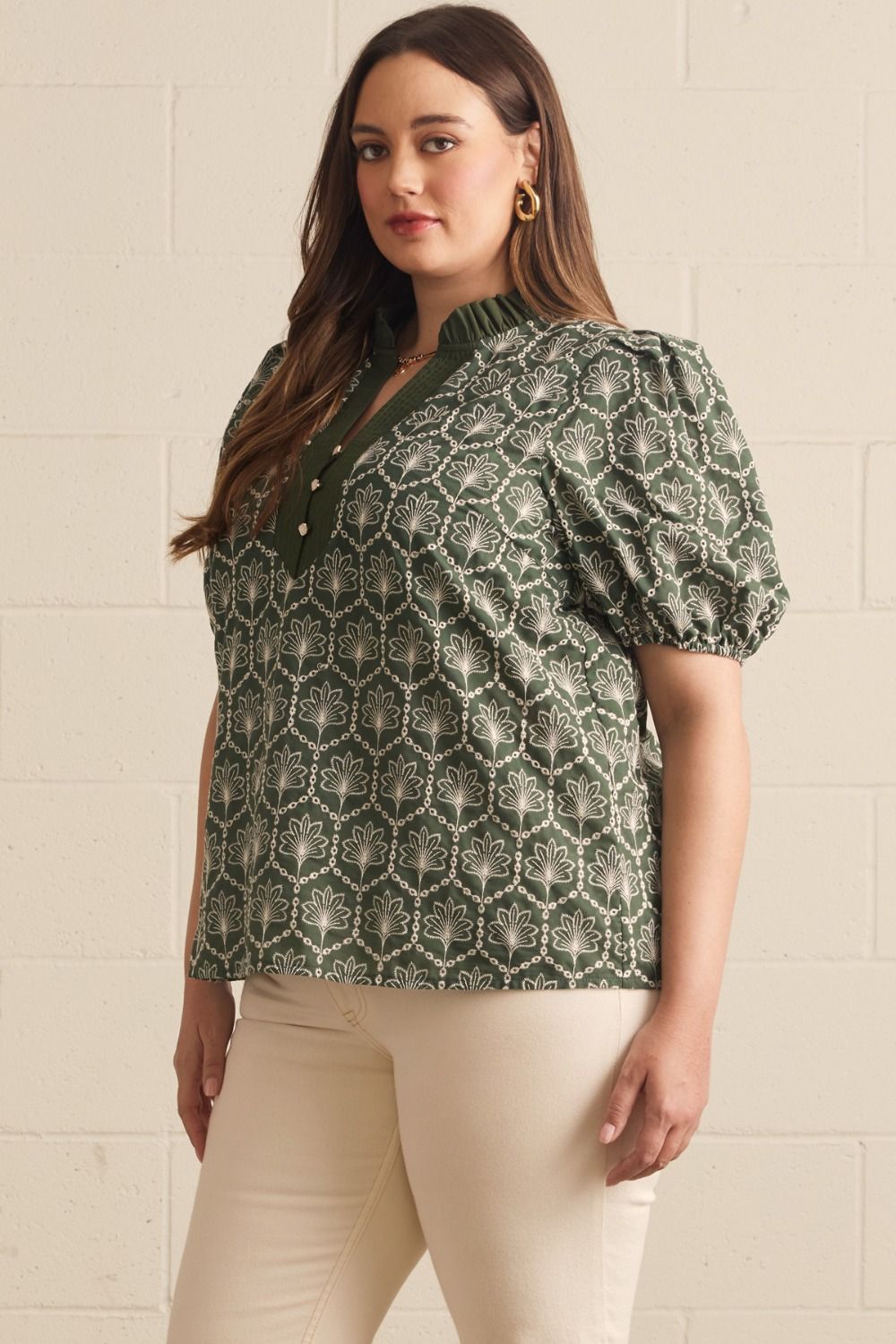 Allie Curve Embroidered Puff Sleeve Button Front Blouse - Army Green