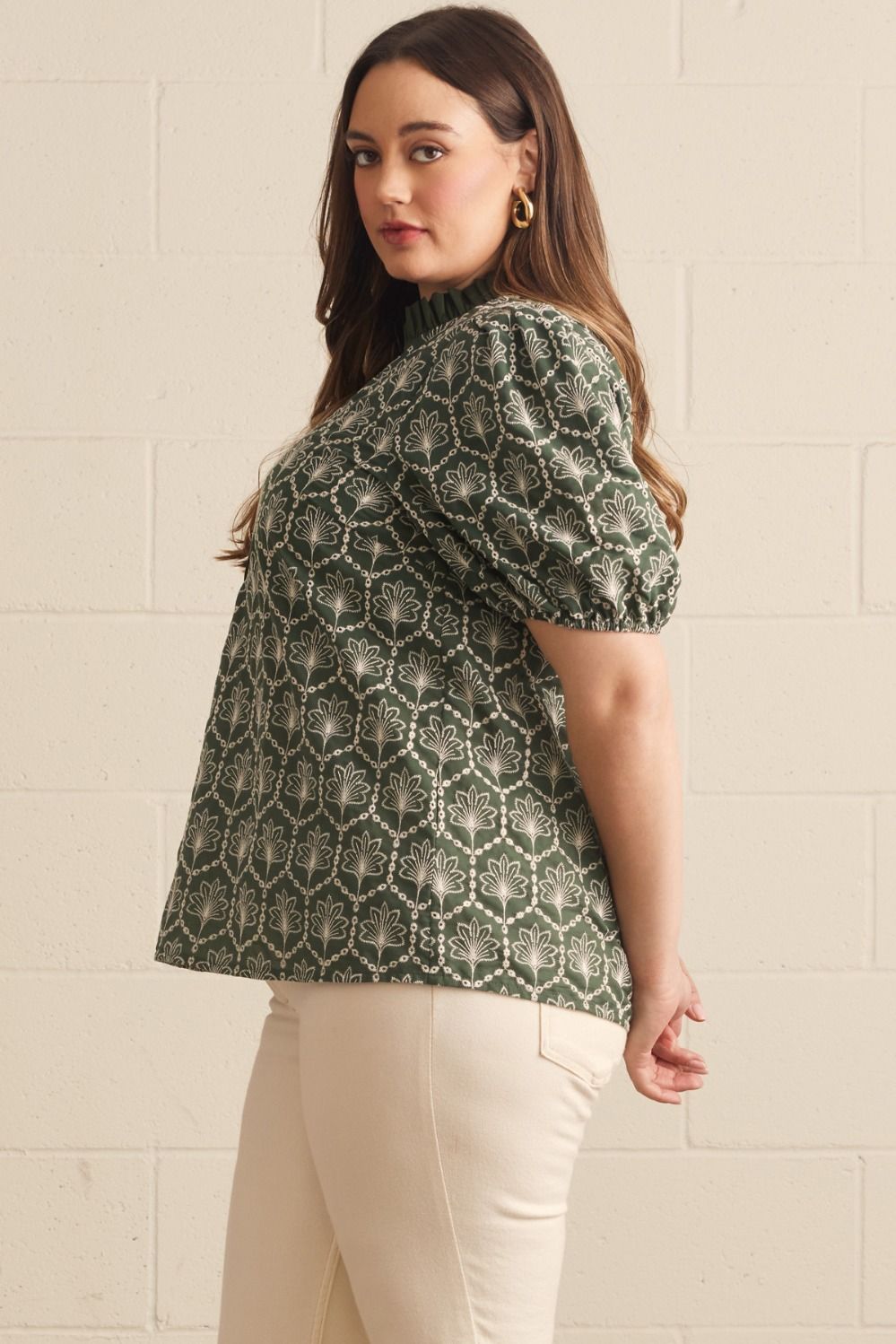 Allie Curve Embroidered Puff Sleeve Button Front Blouse - Army Green