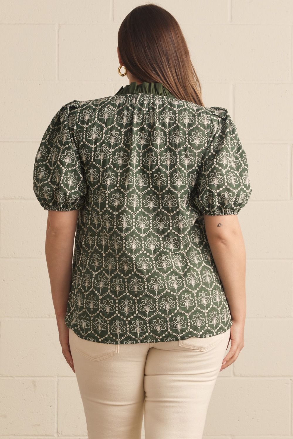 Allie Curve Embroidered Puff Sleeve Button Front Blouse - Army Green