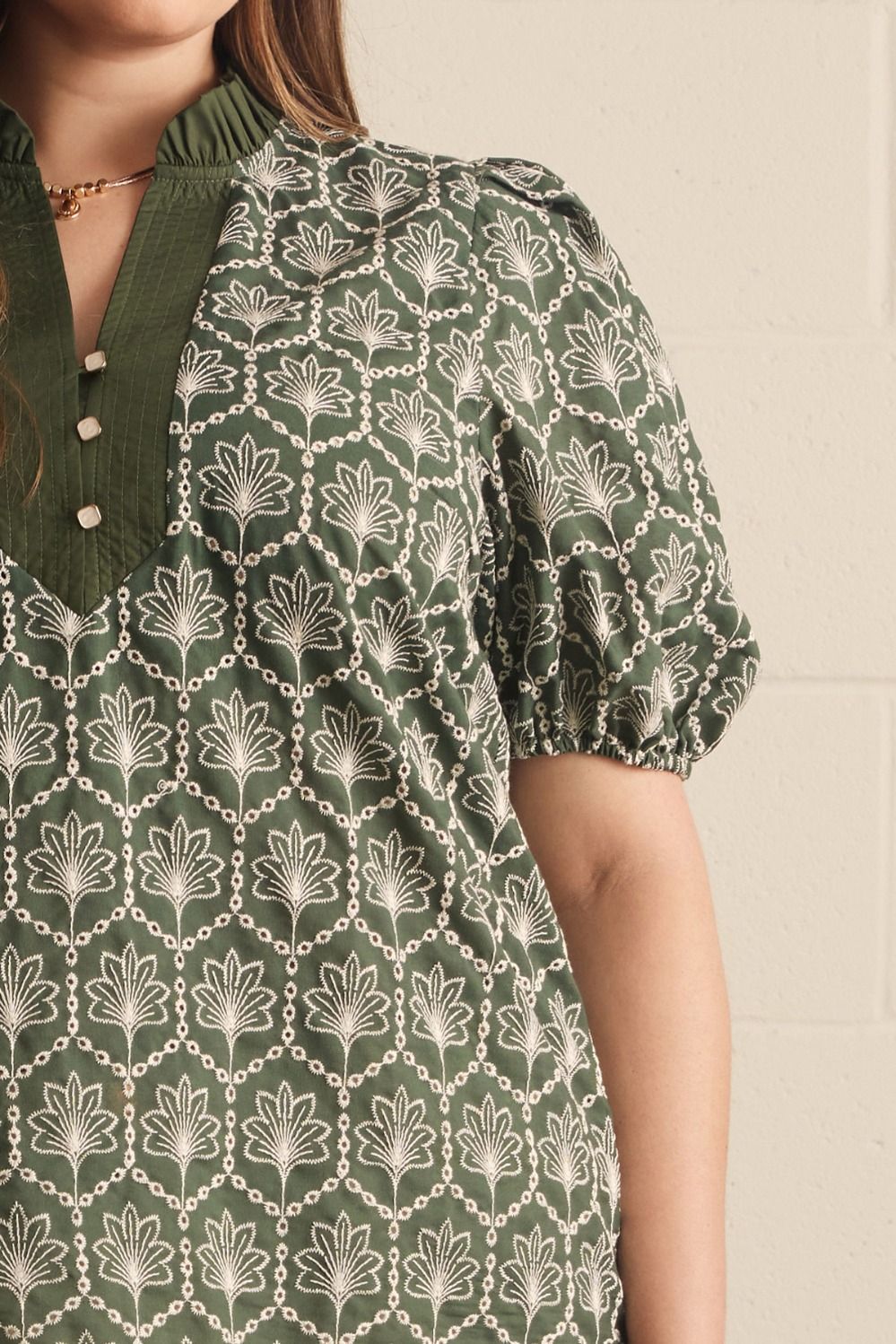 Allie Curve Embroidered Puff Sleeve Button Front Blouse - Army Green