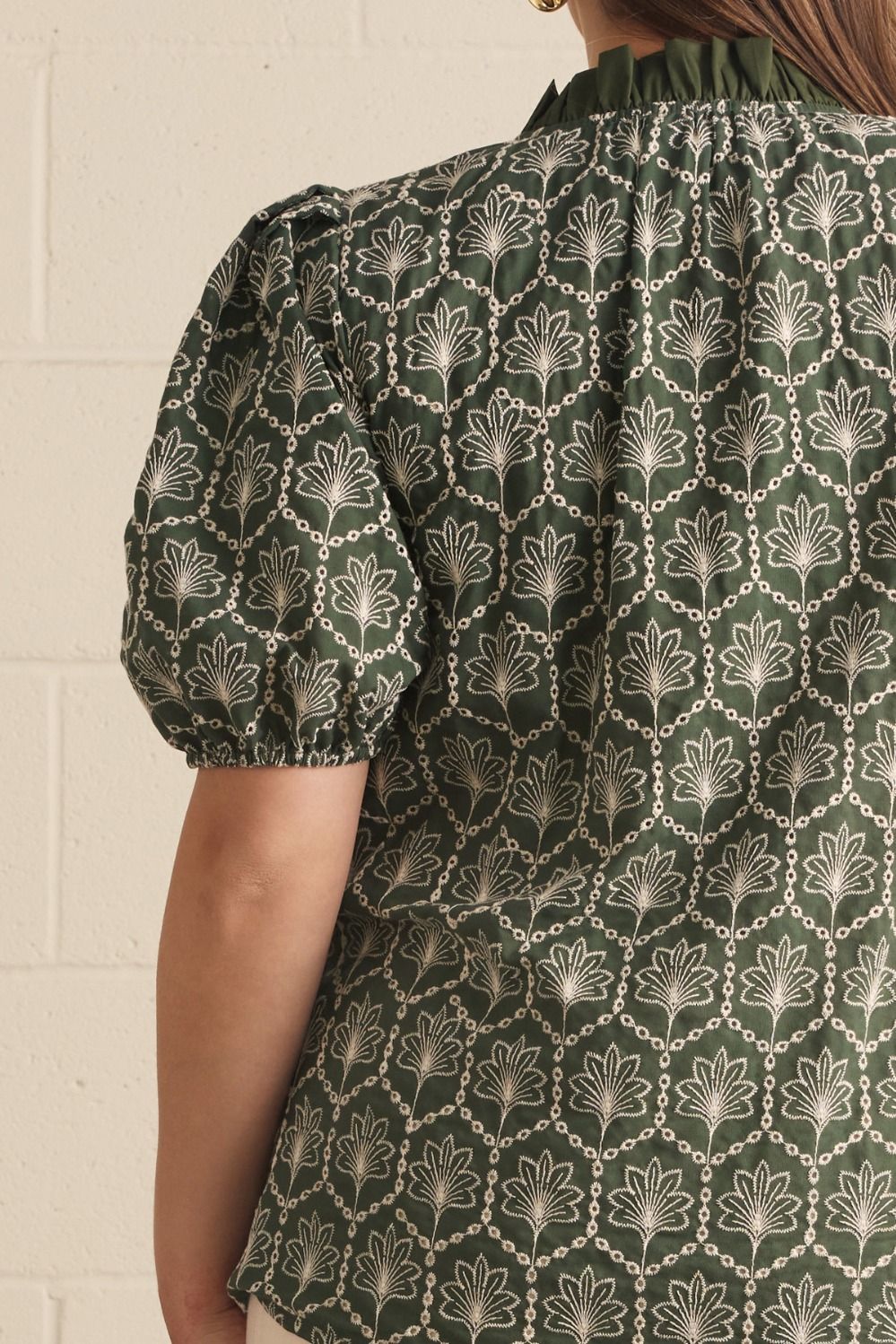 Allie Curve Embroidered Puff Sleeve Button Front Blouse - Army Green