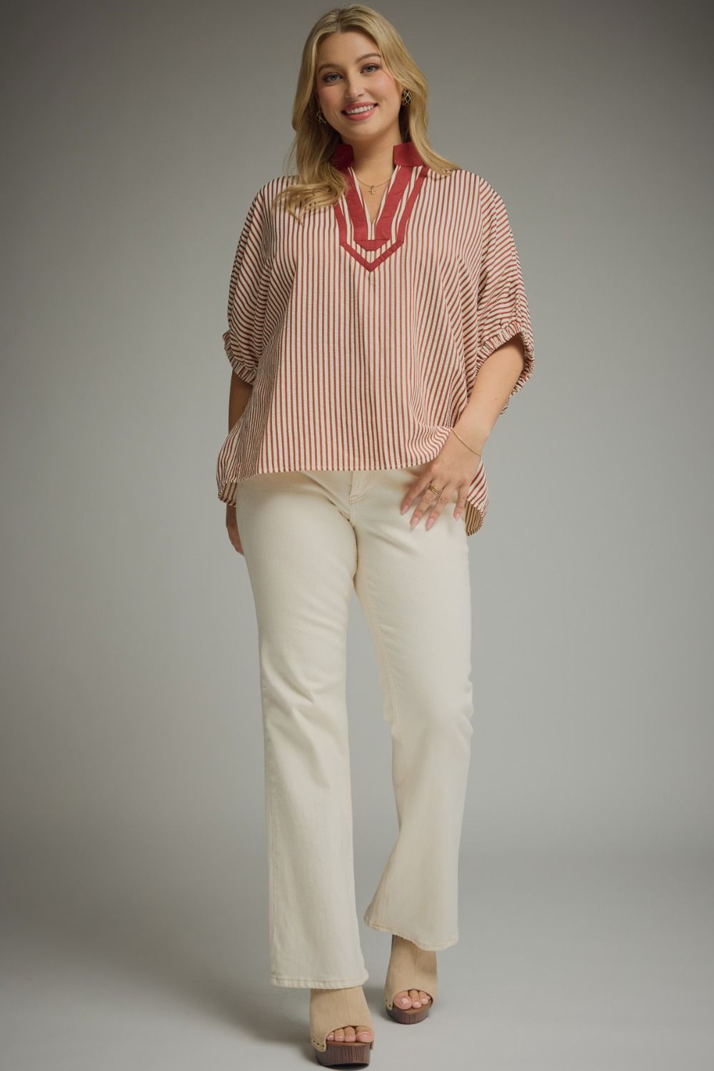 Wendy Curve Striped Short Sleeve Contrast Split Neck Blouse - Brick Multi