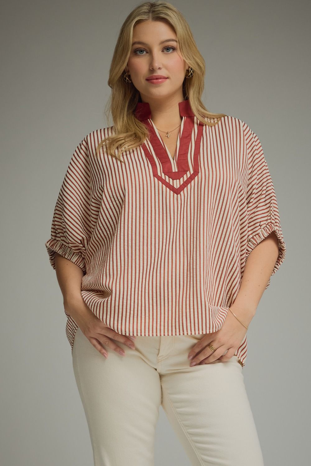 Wendy Curve Striped Short Sleeve Contrast Split Neck Blouse - Brick Multi