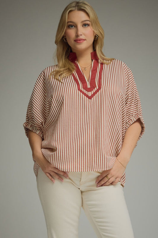 Wendy Curve Striped Short Sleeve Contrast Split Neck Blouse - Brick Multi