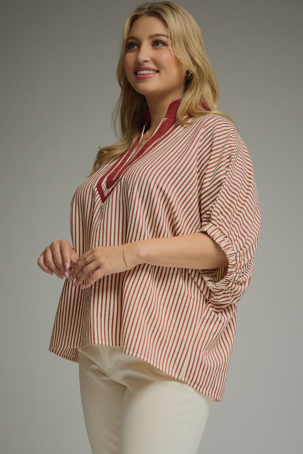 Wendy Curve Striped Short Sleeve Contrast Split Neck Blouse - Brick Multi