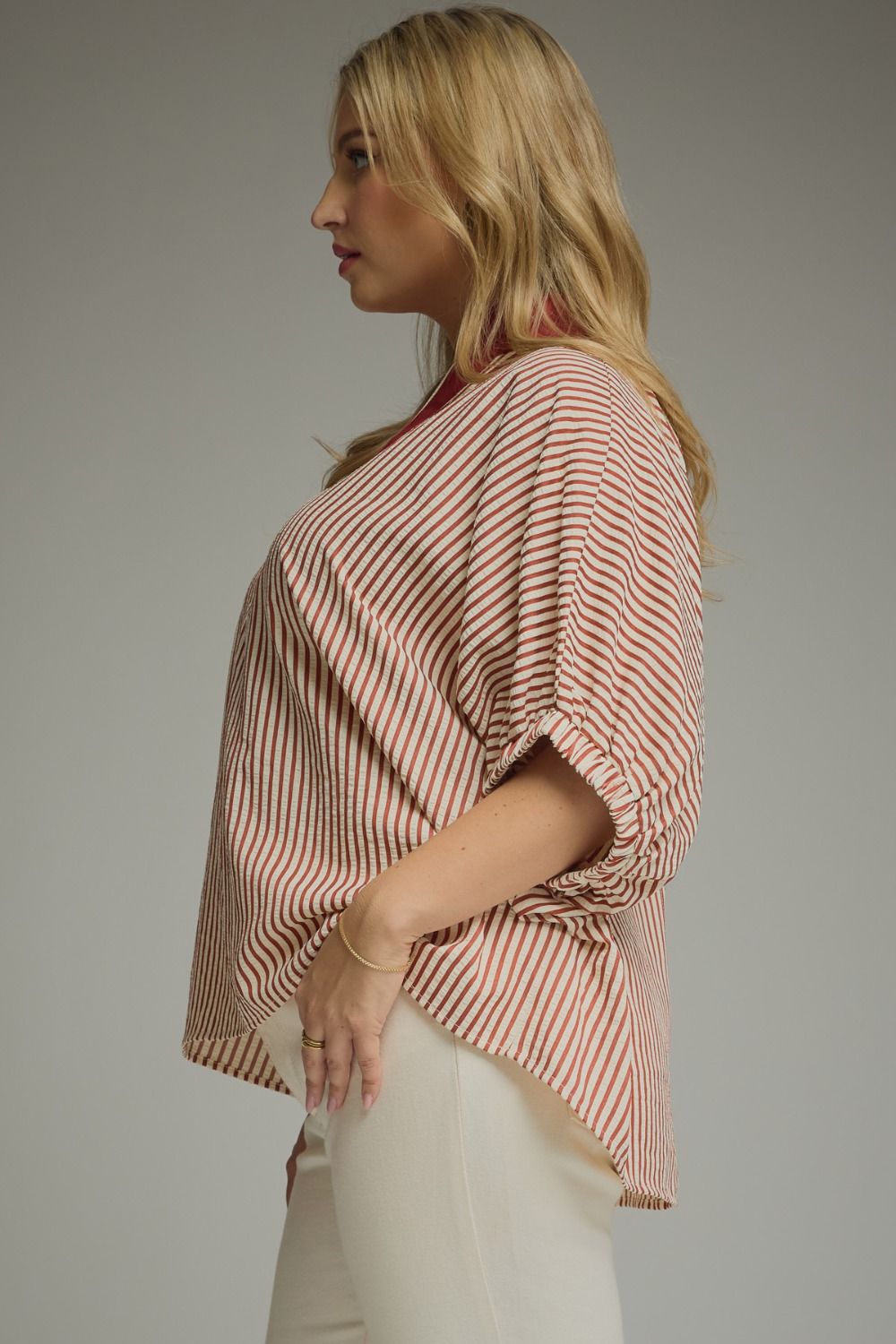 Wendy Curve Striped Short Sleeve Contrast Split Neck Blouse - Brick Multi