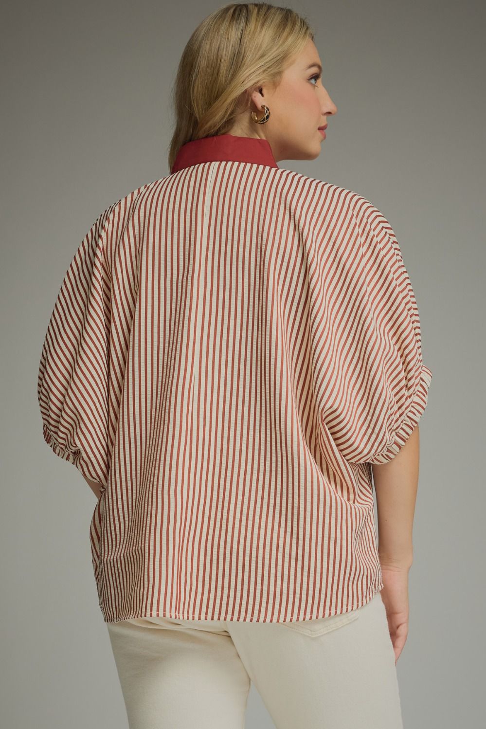 Wendy Curve Striped Short Sleeve Contrast Split Neck Blouse - Brick Multi