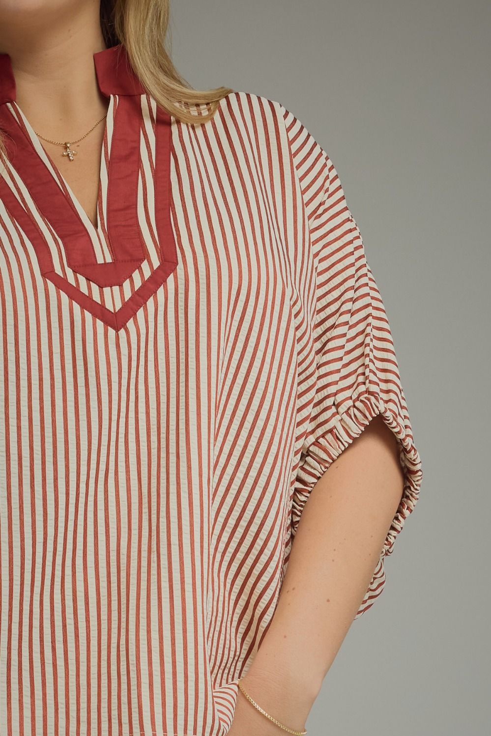 Wendy Curve Striped Short Sleeve Contrast Split Neck Blouse - Brick Multi