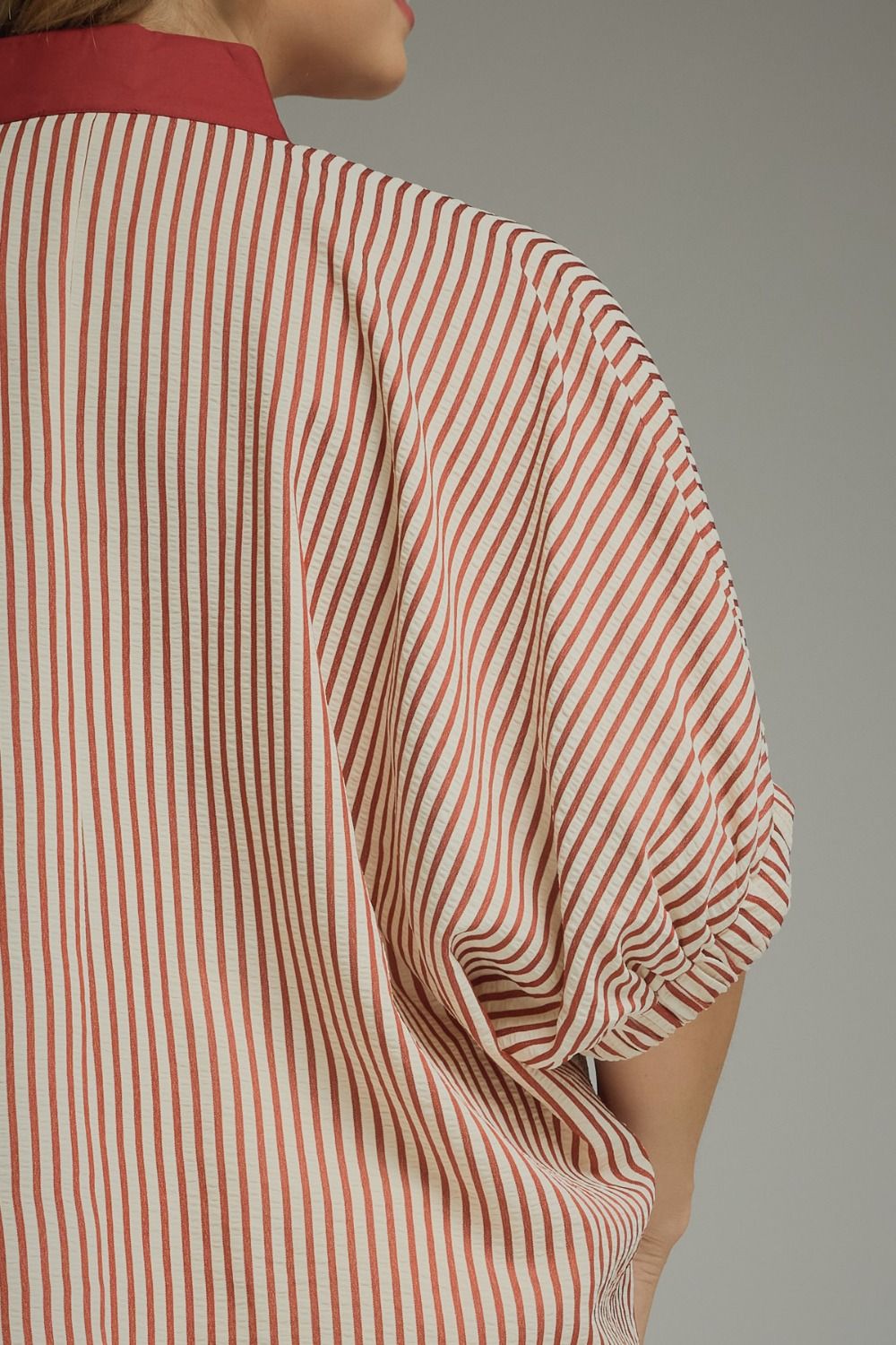 Wendy Curve Striped Short Sleeve Contrast Split Neck Blouse - Brick Multi