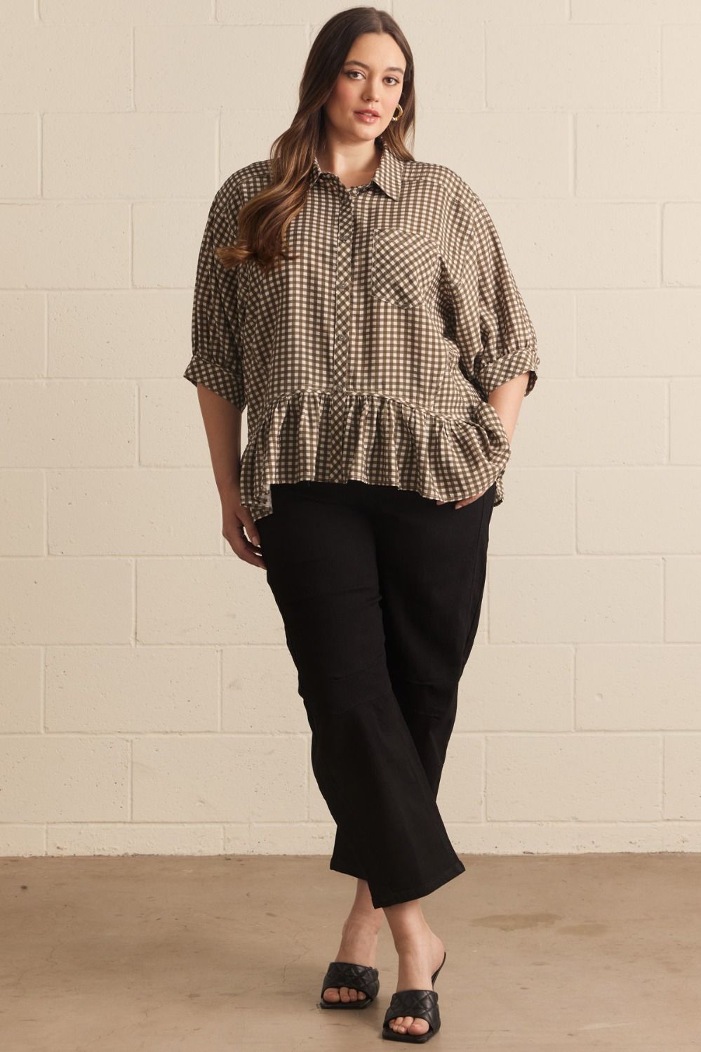 Charlie Curve Relaxed Peplum Gingham Print Blouse - Olive Multi