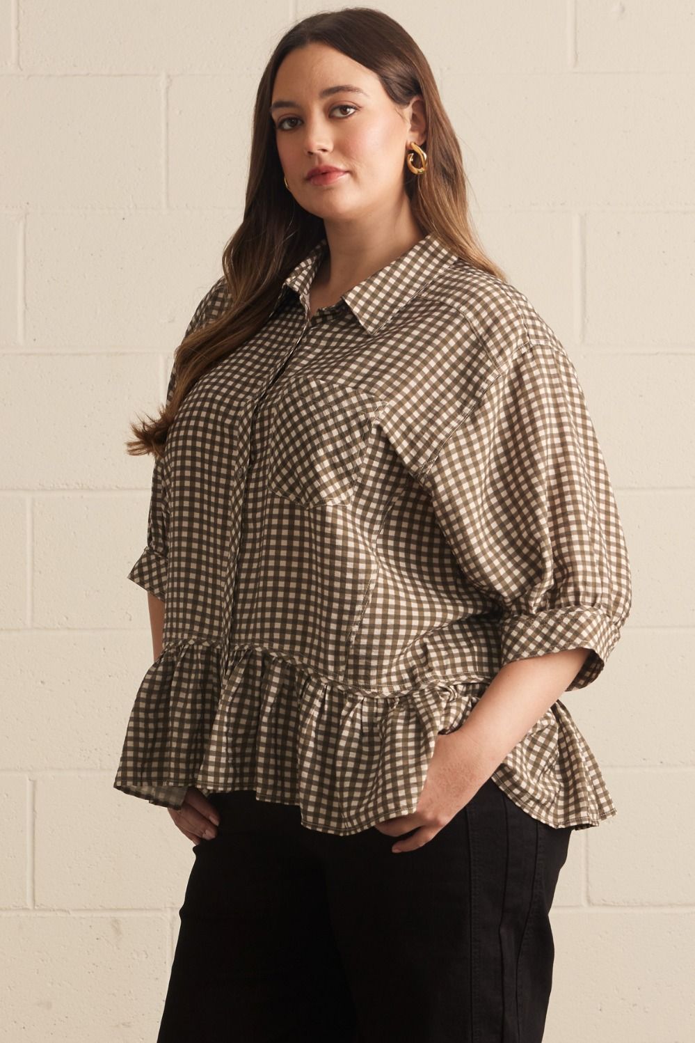 Charlie Curve Relaxed Peplum Gingham Print Blouse - Olive Multi