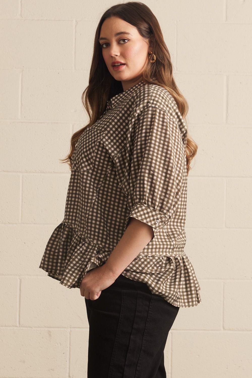Charlie Curve Relaxed Peplum Gingham Print Blouse - Olive Multi