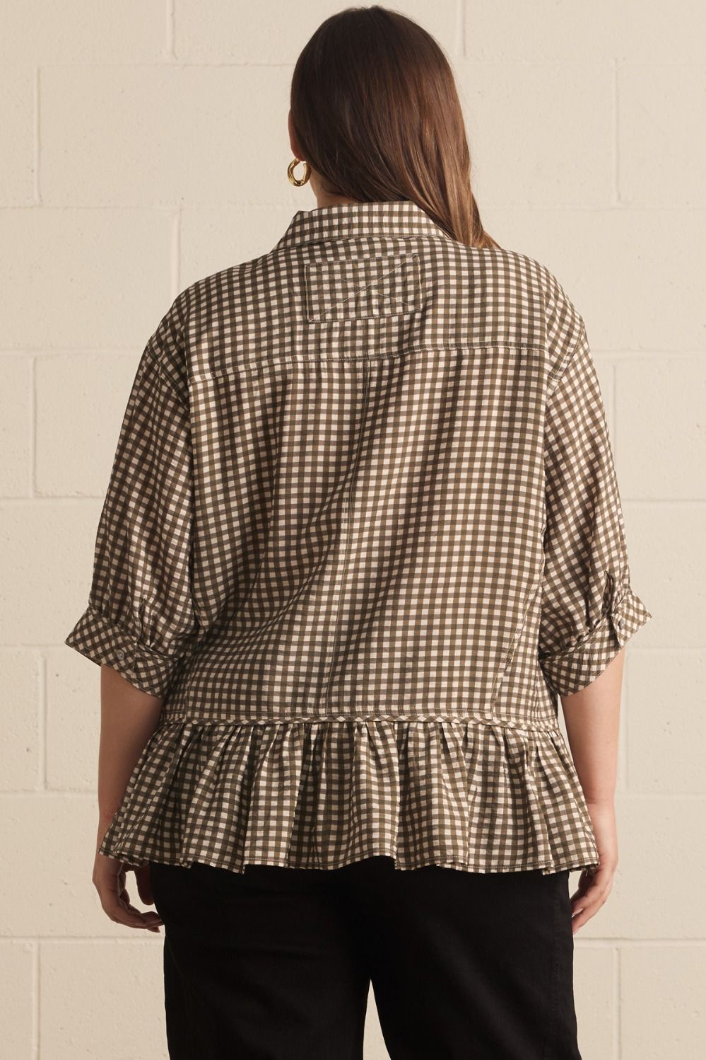 Charlie Curve Relaxed Peplum Gingham Print Blouse - Olive Multi