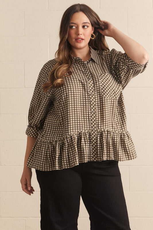 Charlie Curve Relaxed Peplum Gingham Print Blouse - Olive Multi