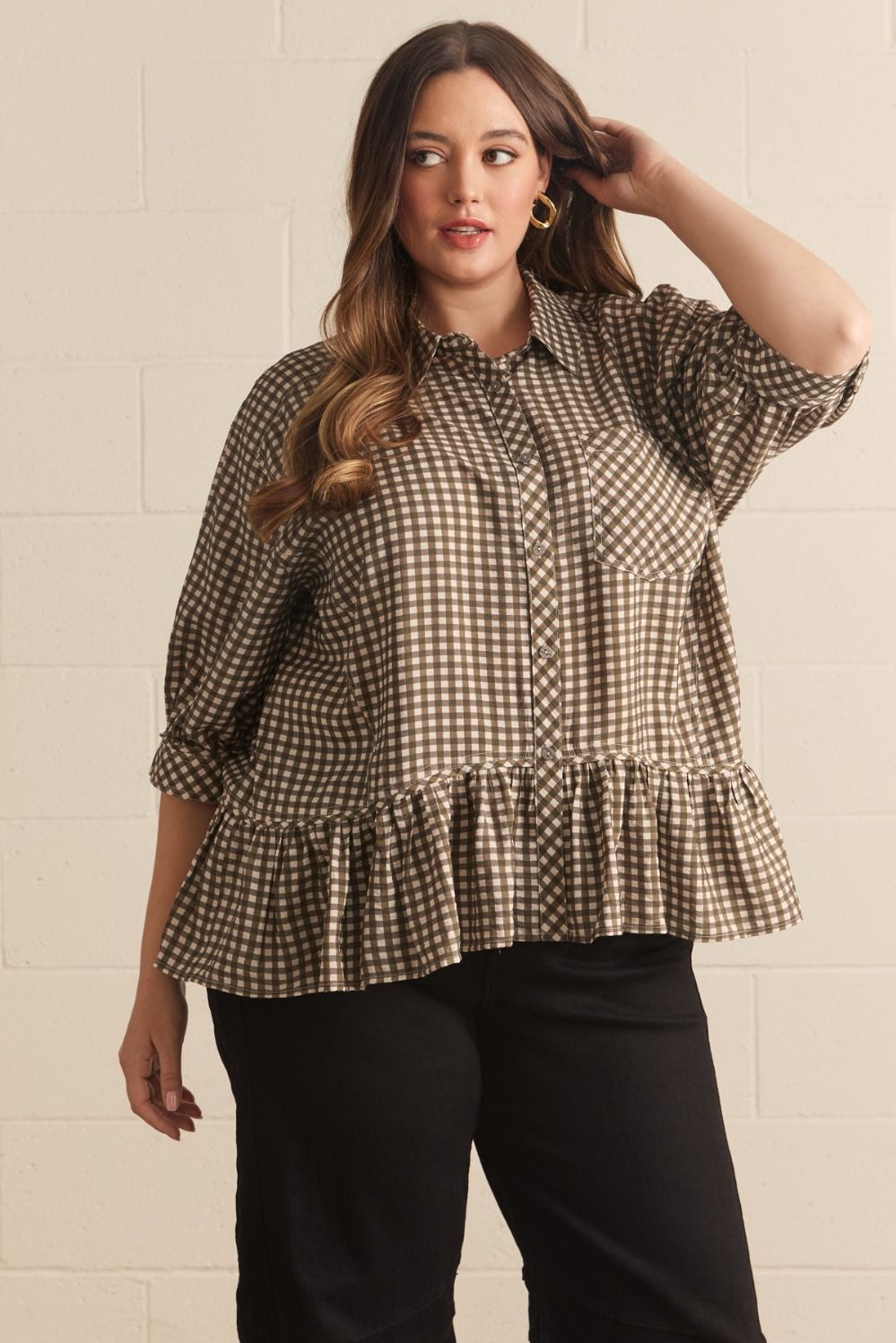 Charlie Curve Relaxed Peplum Gingham Print Blouse - Olive Multi
