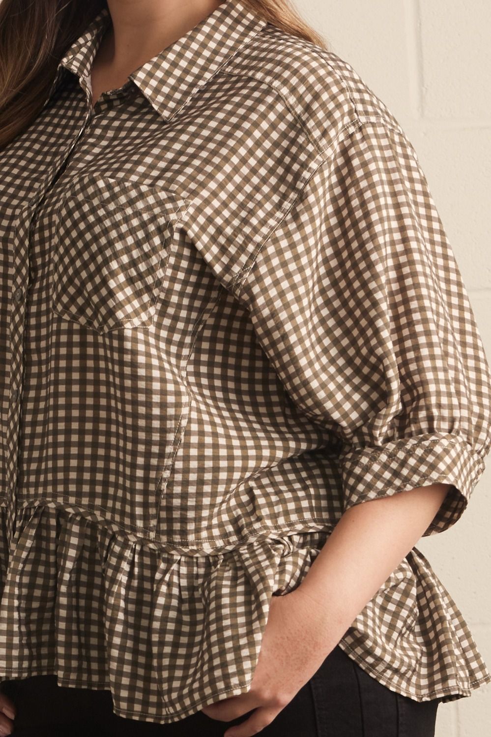 Charlie Curve Relaxed Peplum Gingham Print Blouse - Olive Multi