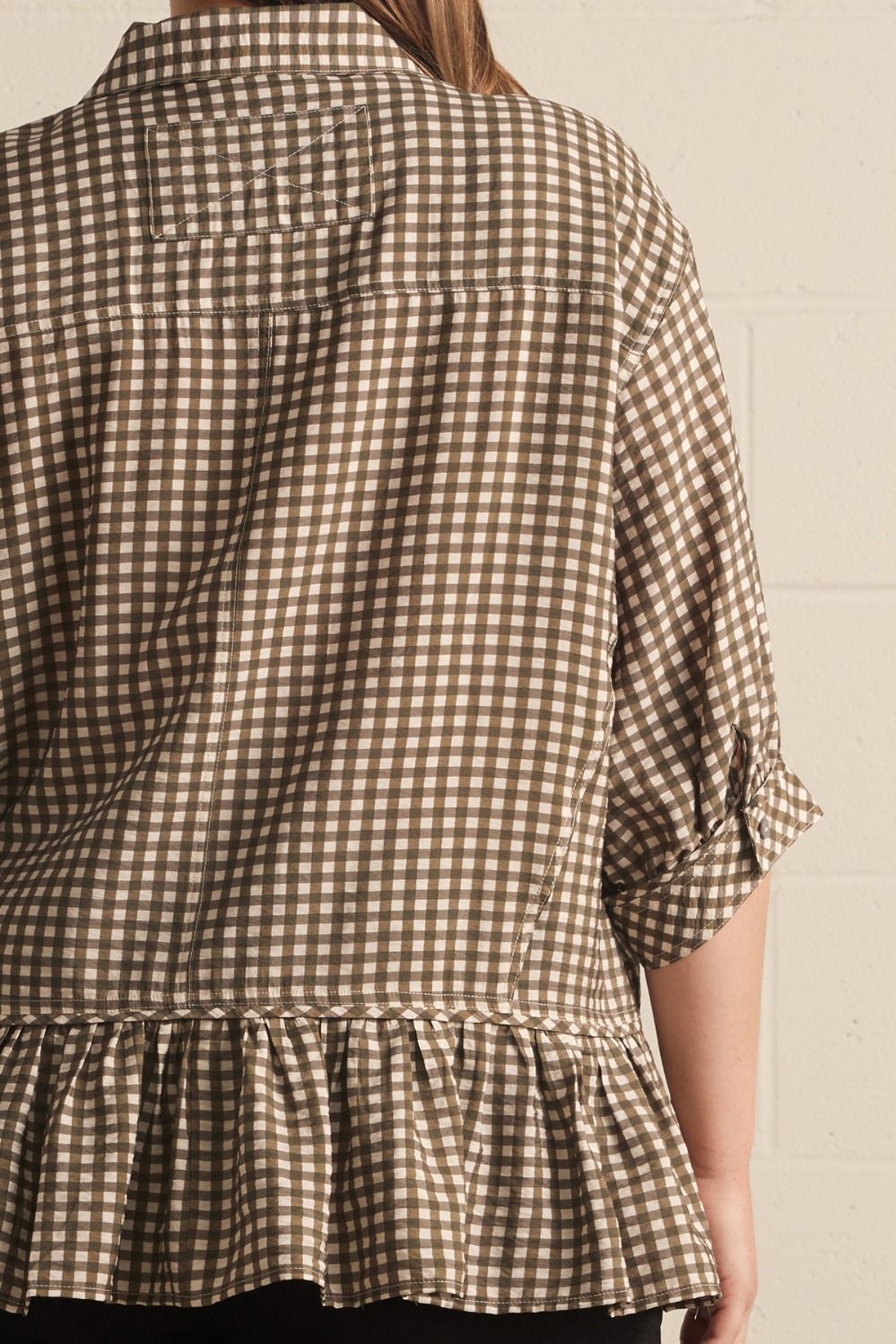 Charlie Curve Relaxed Peplum Gingham Print Blouse - Olive Multi