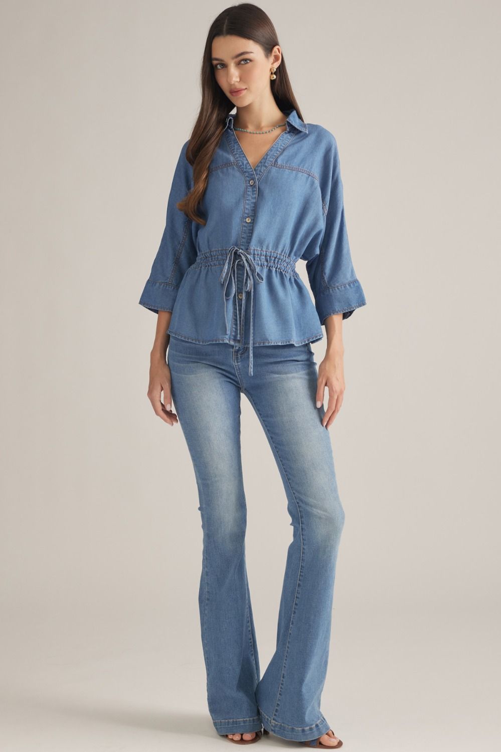 Prescott Chambray 3/4 Sleeve Tie Waist Collared Blouse - Dark Denim