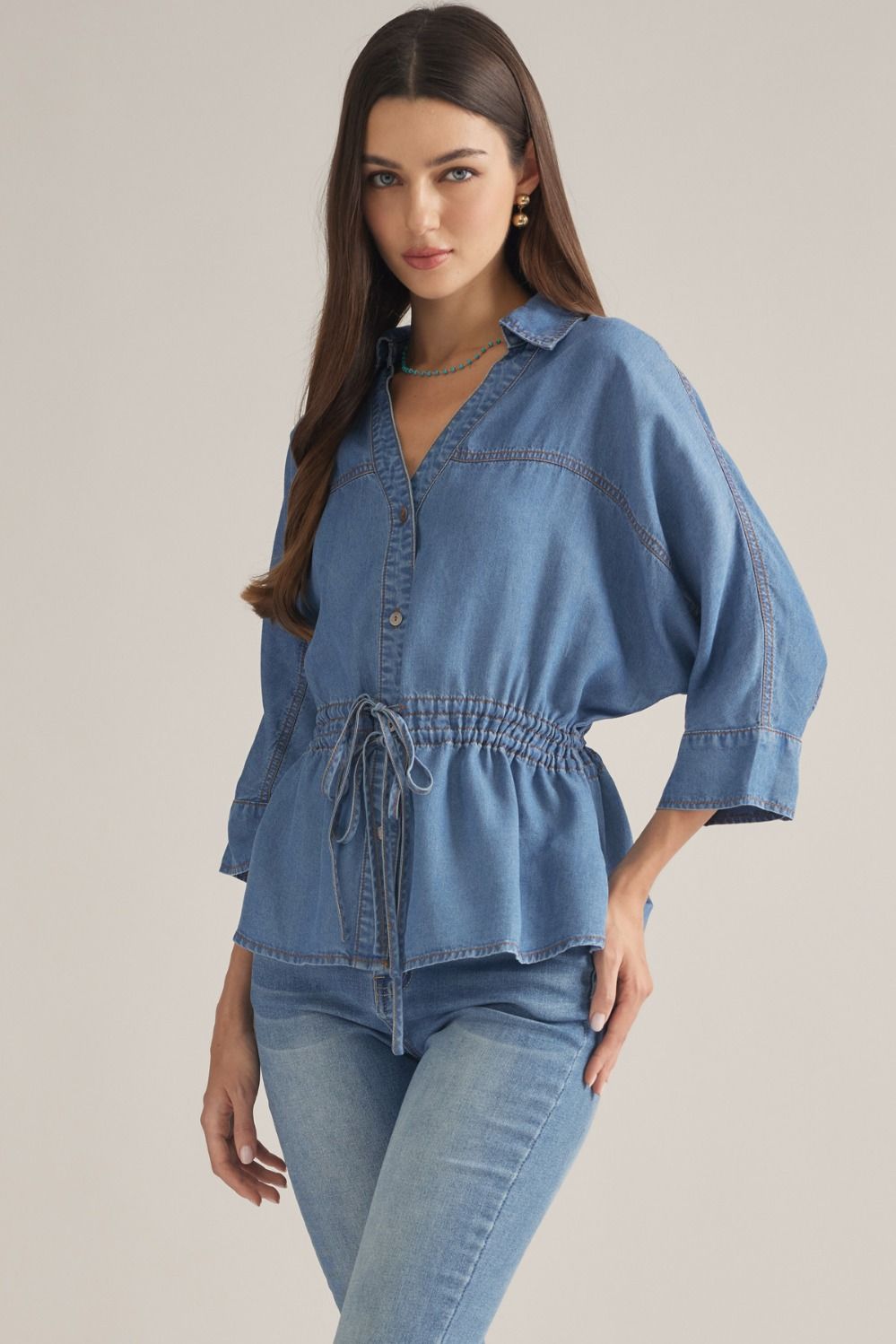 Prescott Chambray 3/4 Sleeve Tie Waist Collared Blouse - Dark Denim