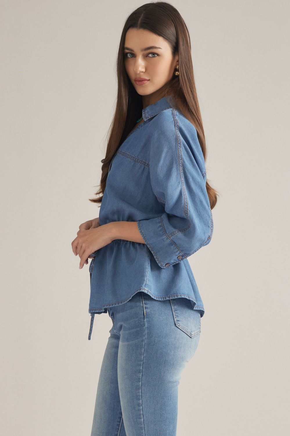 Prescott Chambray 3/4 Sleeve Tie Waist Collared Blouse - Dark Denim