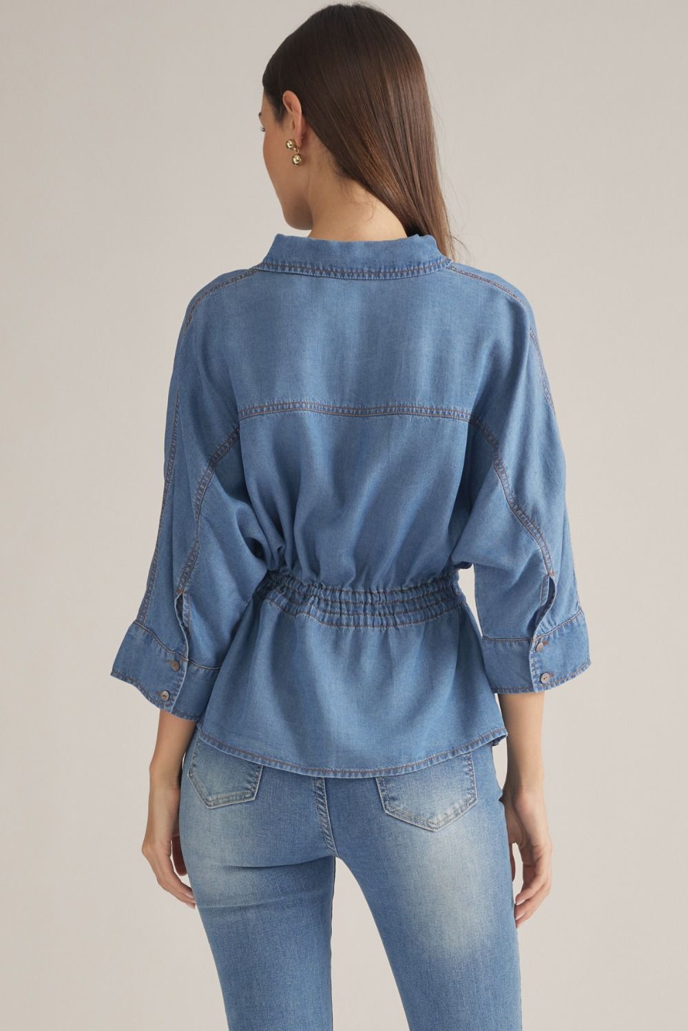 Prescott Chambray 3/4 Sleeve Tie Waist Collared Blouse - Dark Denim