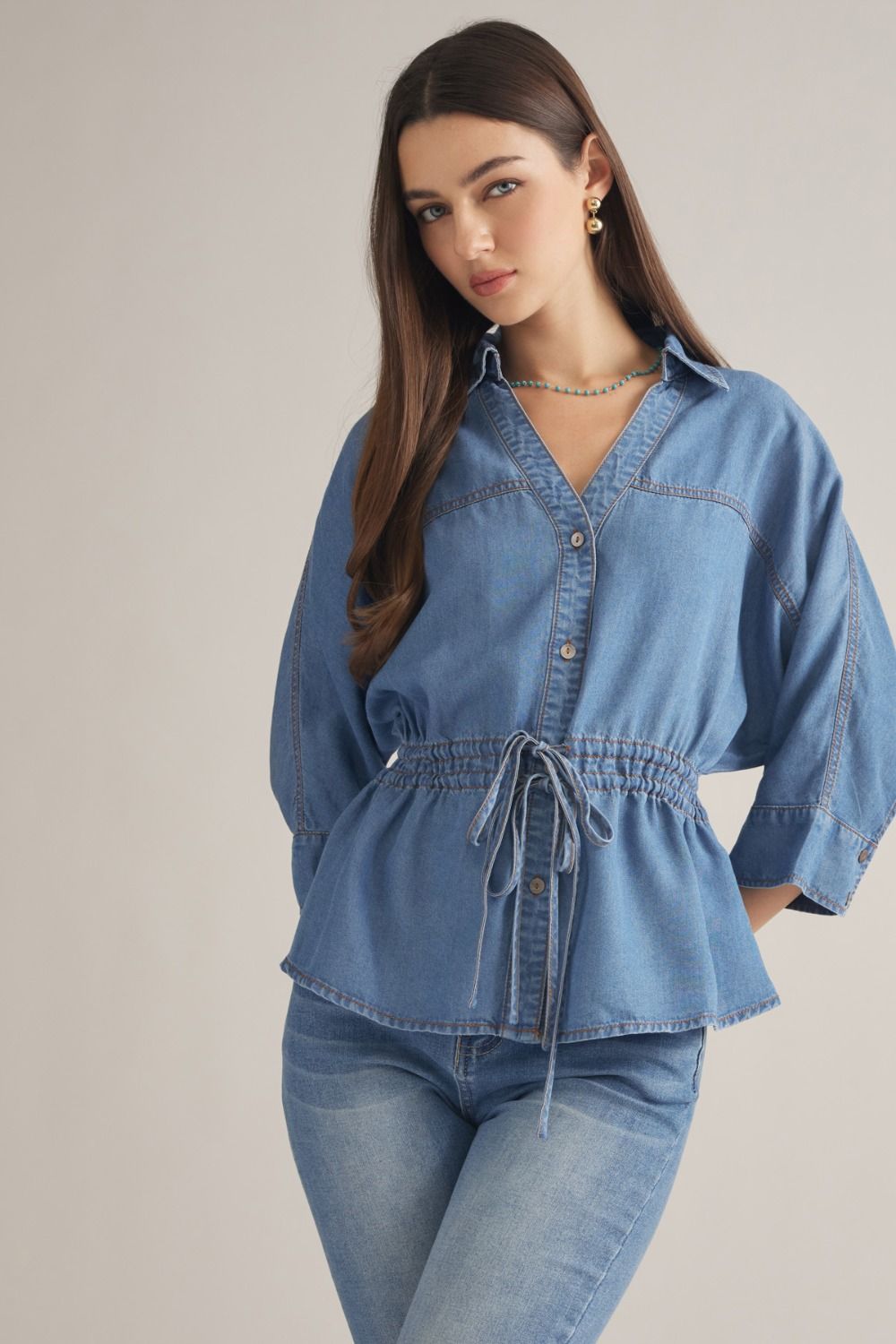 Prescott Chambray 3/4 Sleeve Tie Waist Collared Blouse - Dark Denim