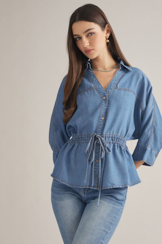 Prescott Chambray 3/4 Sleeve Tie Waist Collared Blouse - Dark Denim