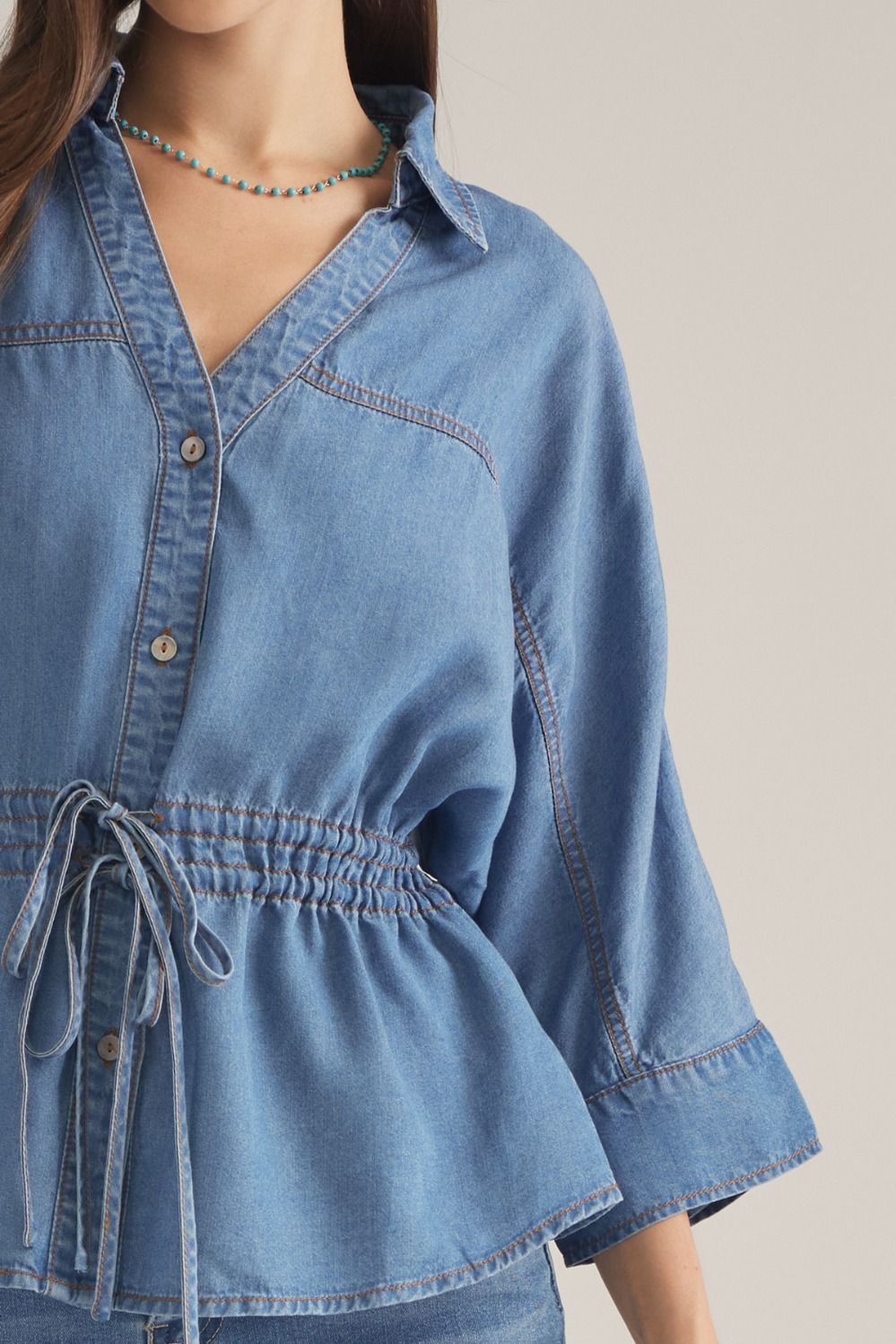 Prescott Chambray 3/4 Sleeve Tie Waist Collared Blouse - Dark Denim