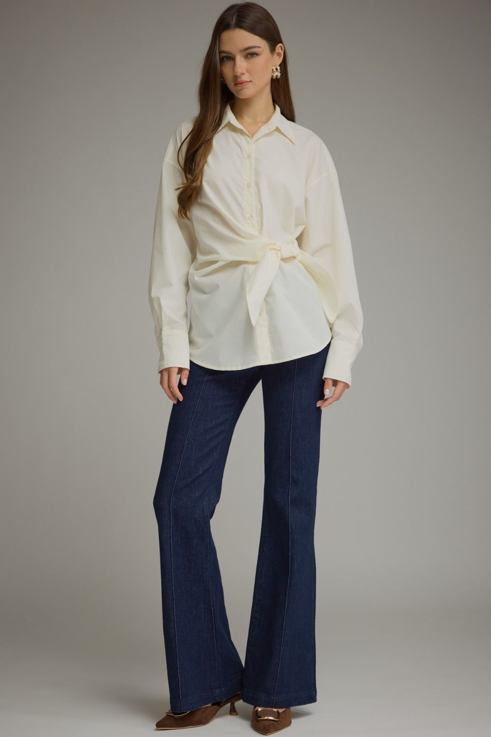 Sylvia Wrap Waist Long Sleeve Collared Button Up - Ecru