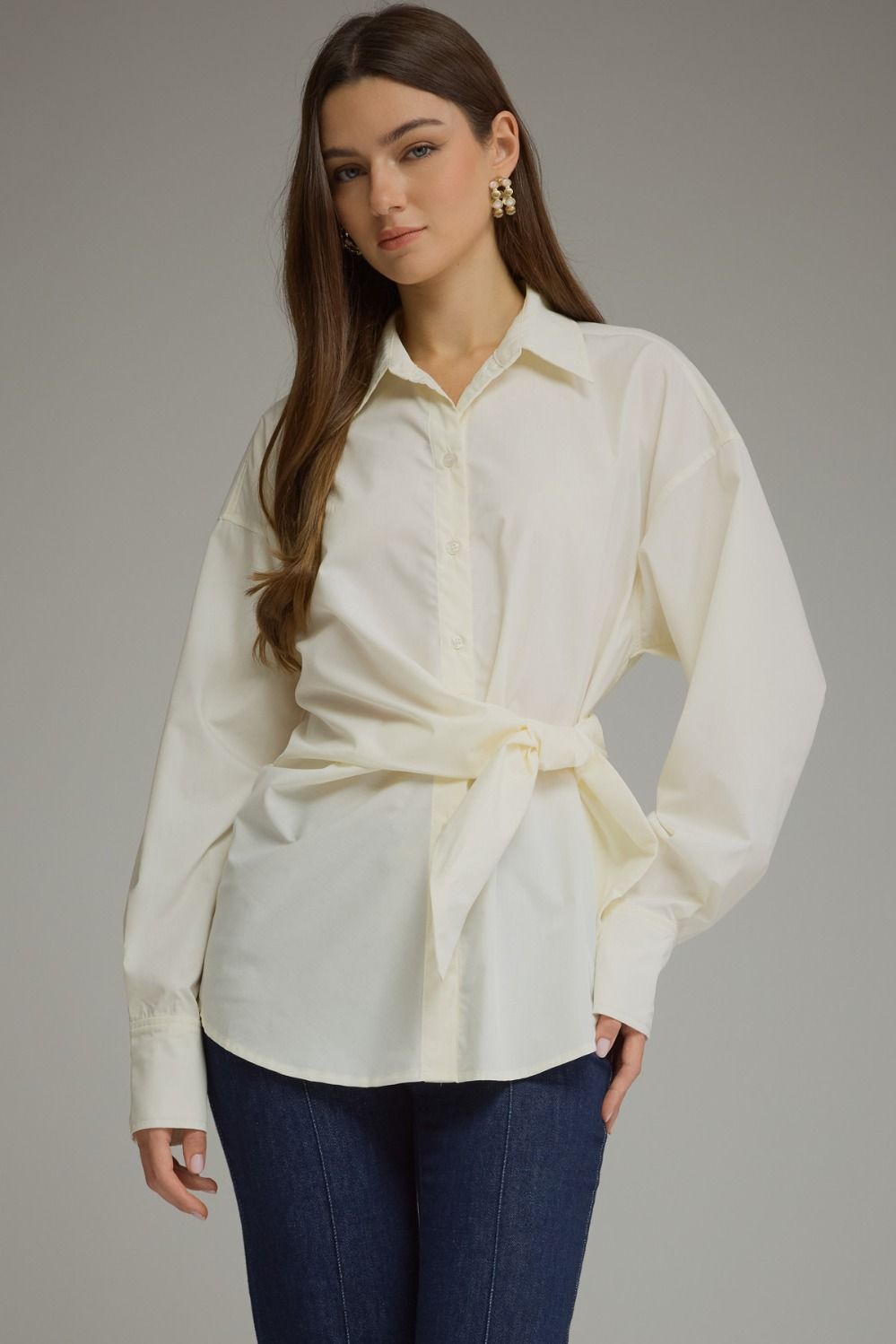 Sylvia Wrap Waist Long Sleeve Collared Button Up - Ecru